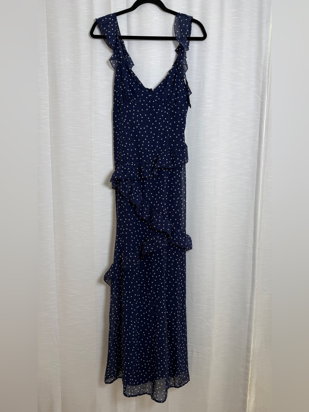 BP Navy Polka Dot Asymmetric Ruffle Tiered Maxi Dress | Size M - Picture 8 of 17